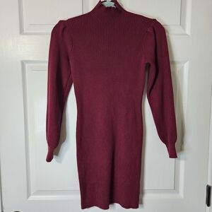 Burgundy Ribbed Knit Sweater Dress With Puff Sleeves